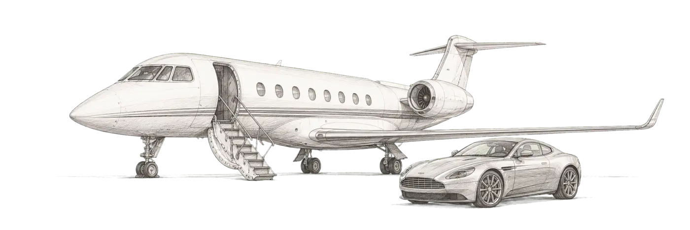Hand-rendered private jet, aircraft stairs and grand touring car