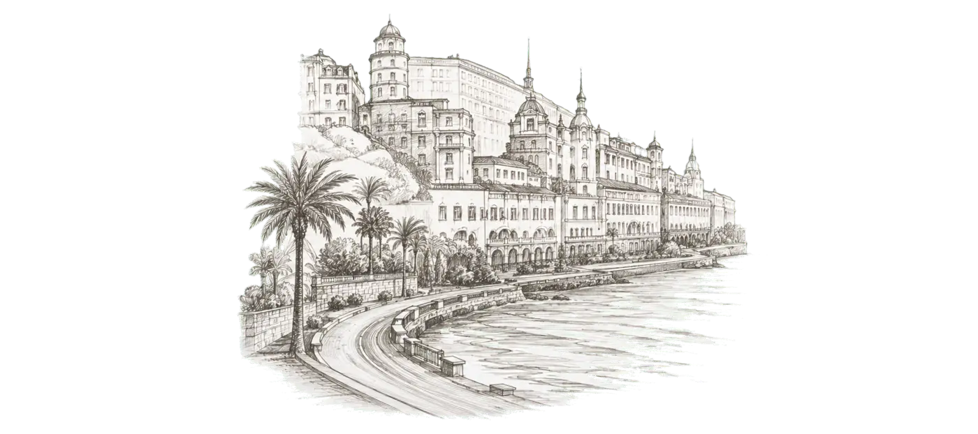 Hand-rendered Monaco-style coastal residence and arrival road