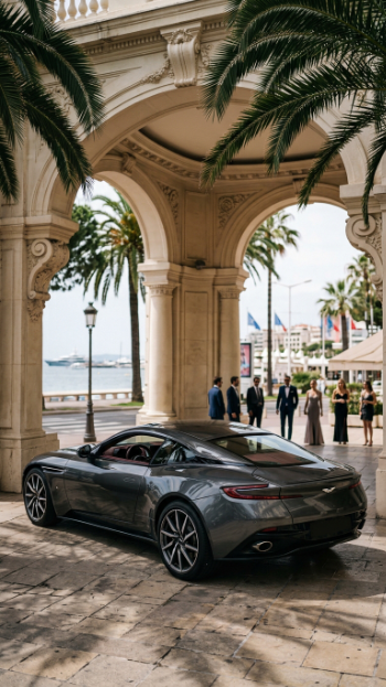 A grand tourer waiting beneath an elegant Cannes arrival arcade