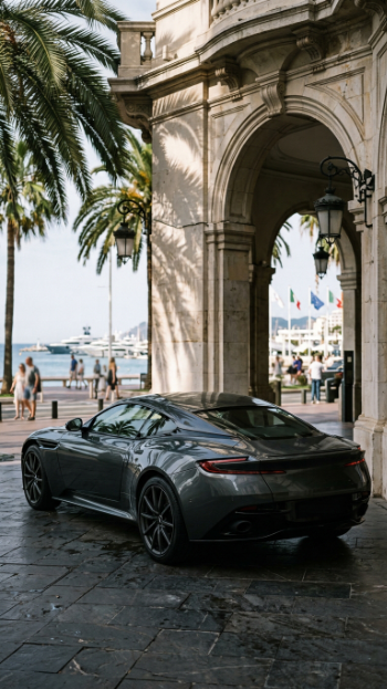 A grand tourer prepared beneath Riviera hotel architecture during festival week