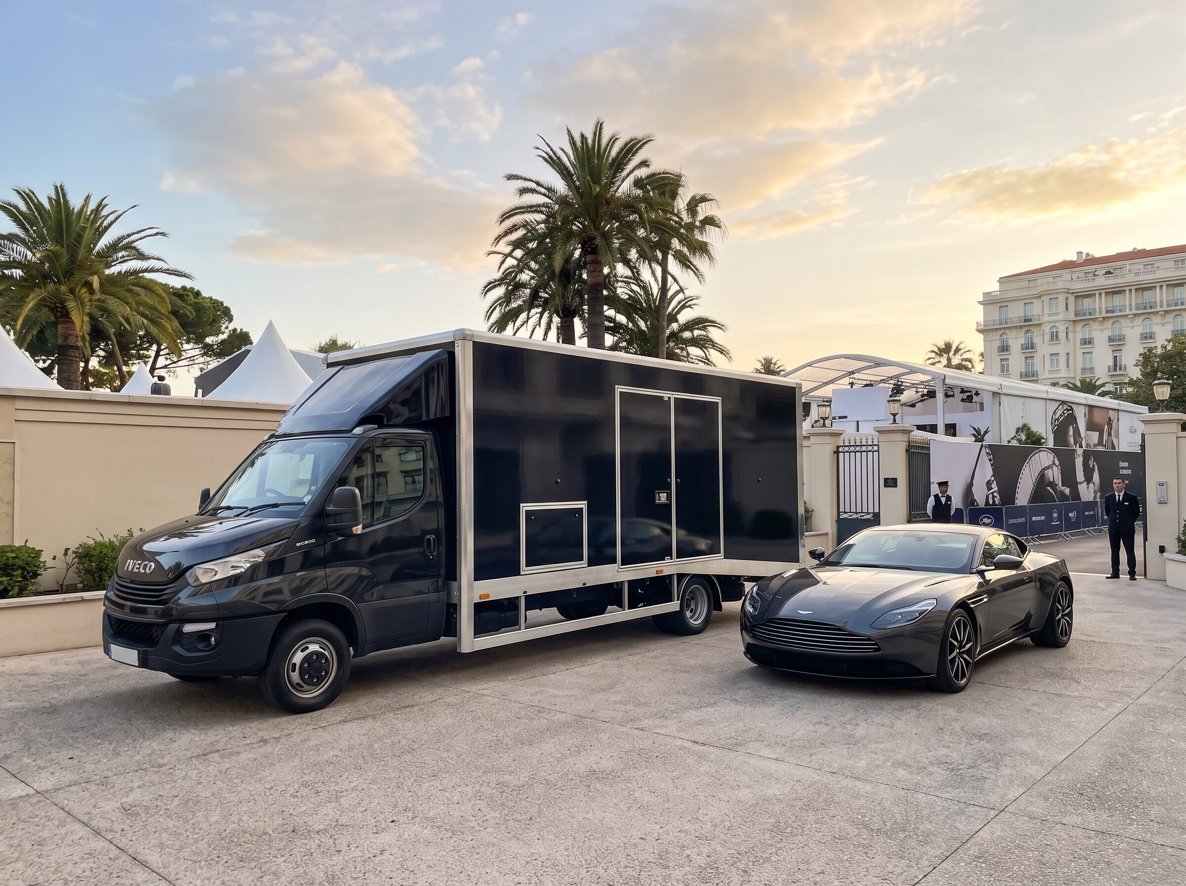 An enclosed vehicle transporter delivering a grand tourer on the French Riviera