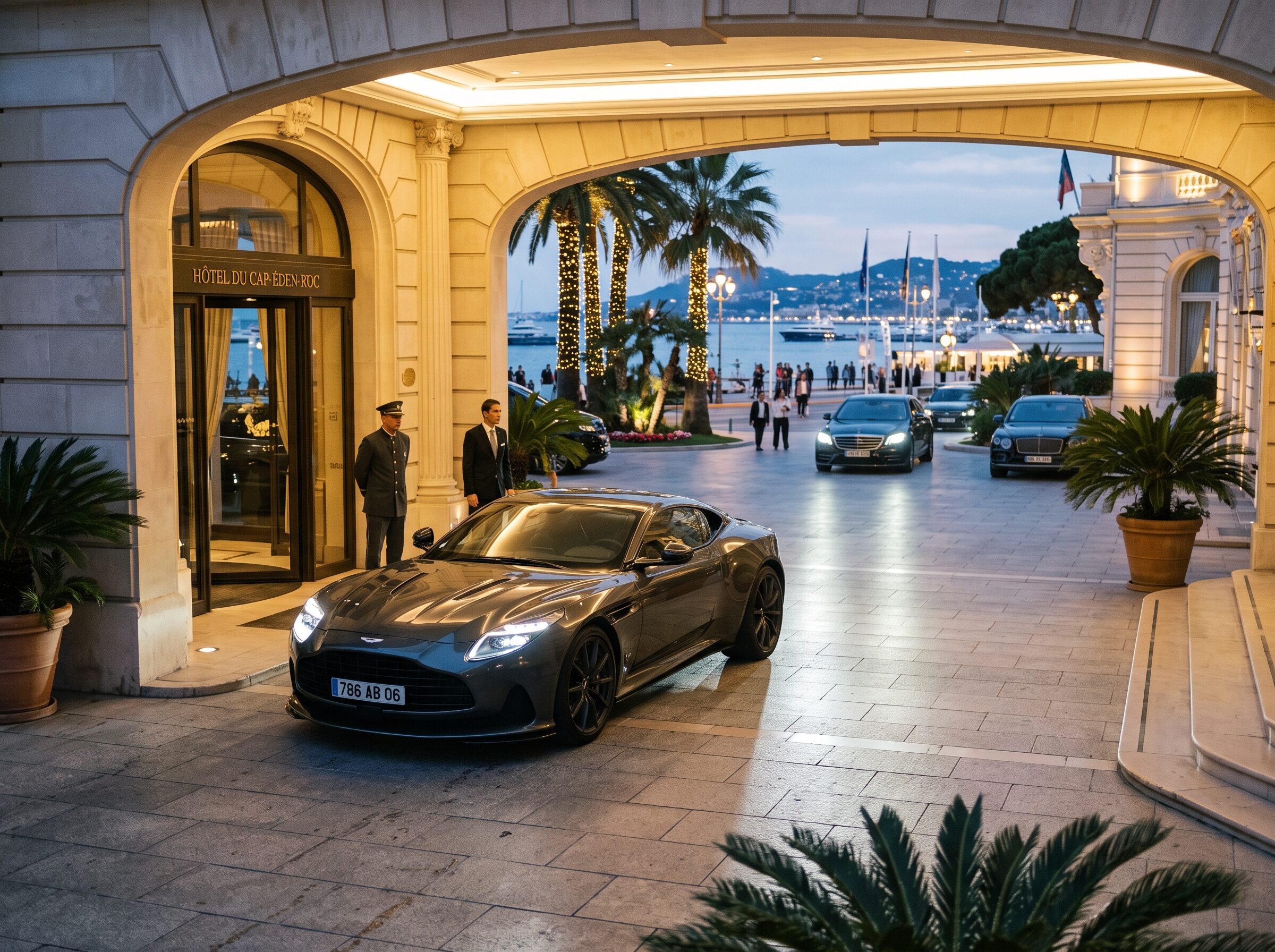 A grand tourer arriving at a Riviera hotel during Cannes festival week
