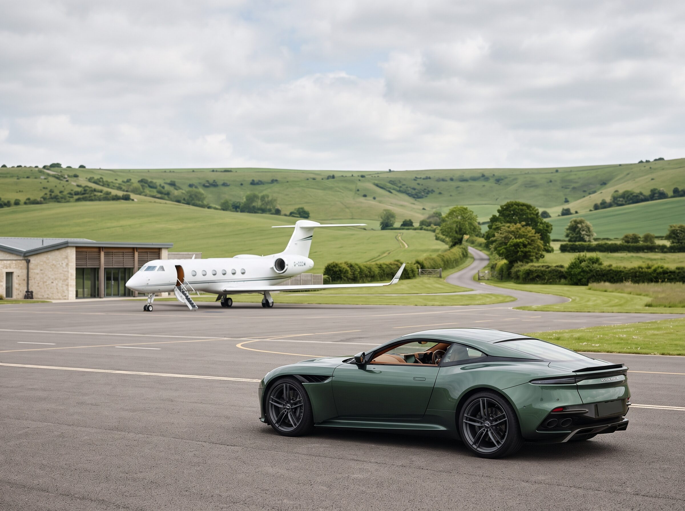 A British racing green grand tourer waiting near a private aviation arrival in West Sussex