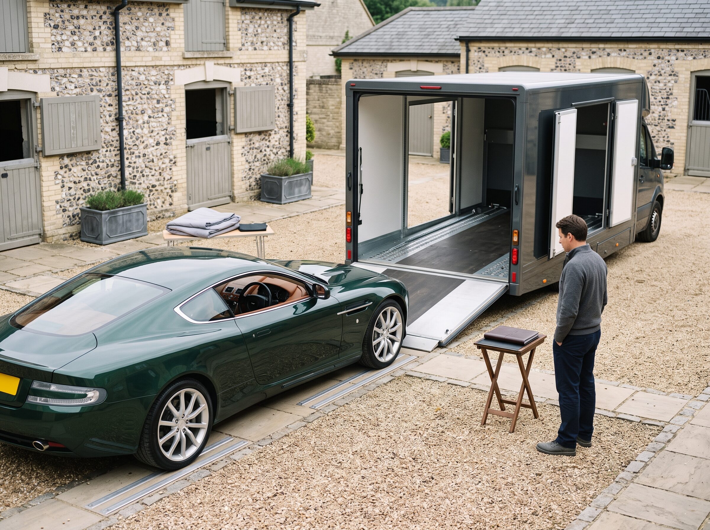 A grand tourer aligned with an enclosed vehicle transporter at an English country property