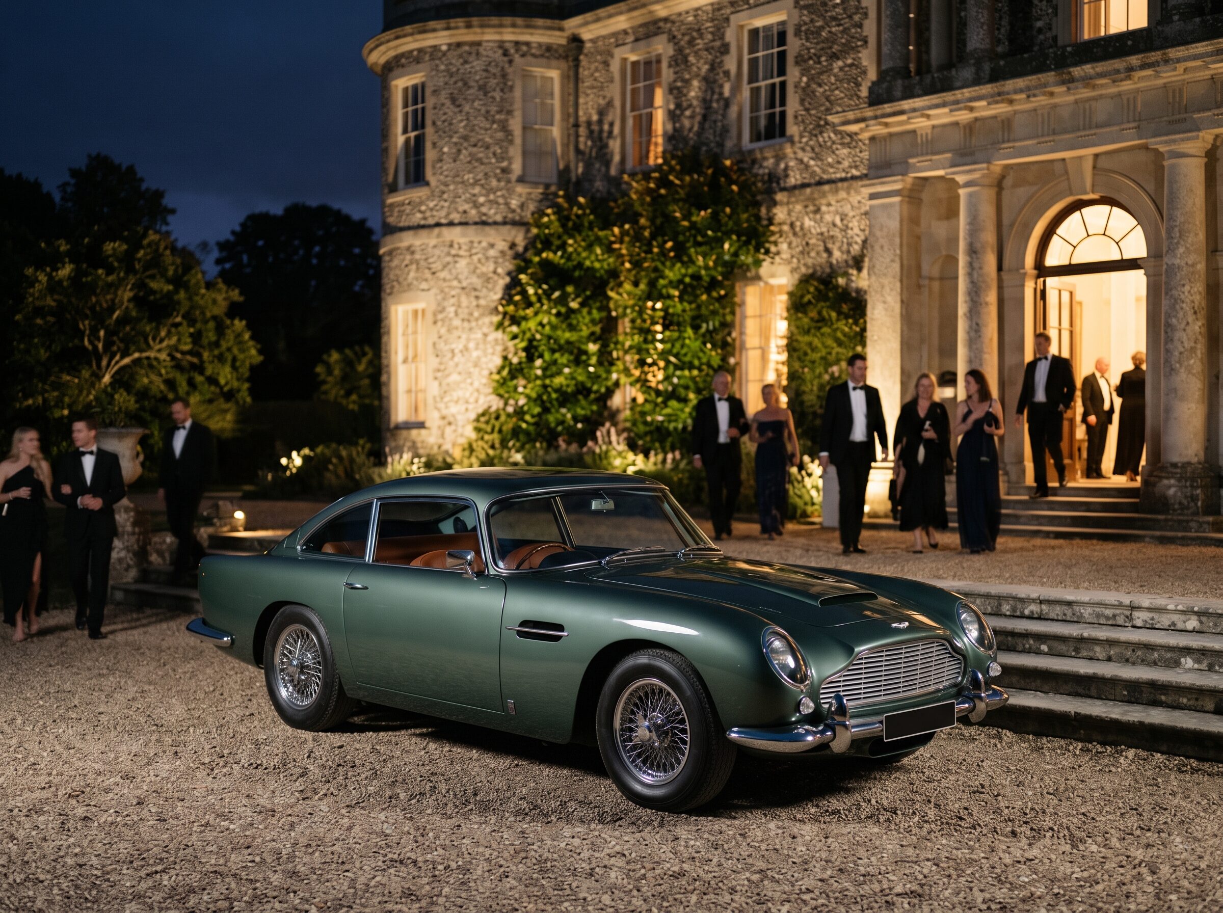 A classic grand tourer waiting outside an elegant West Sussex country house