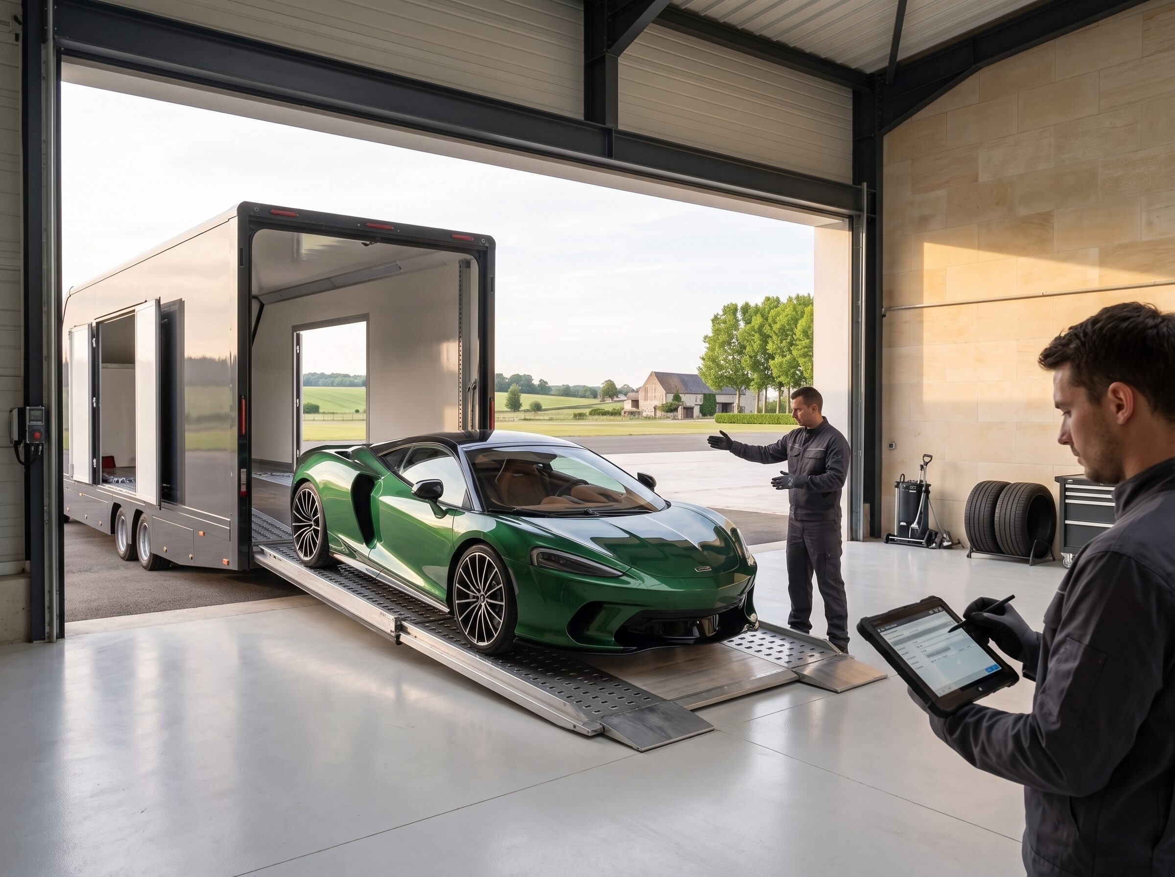 A grand tourer being carefully unloaded from an enclosed vehicle transporter near Le Mans