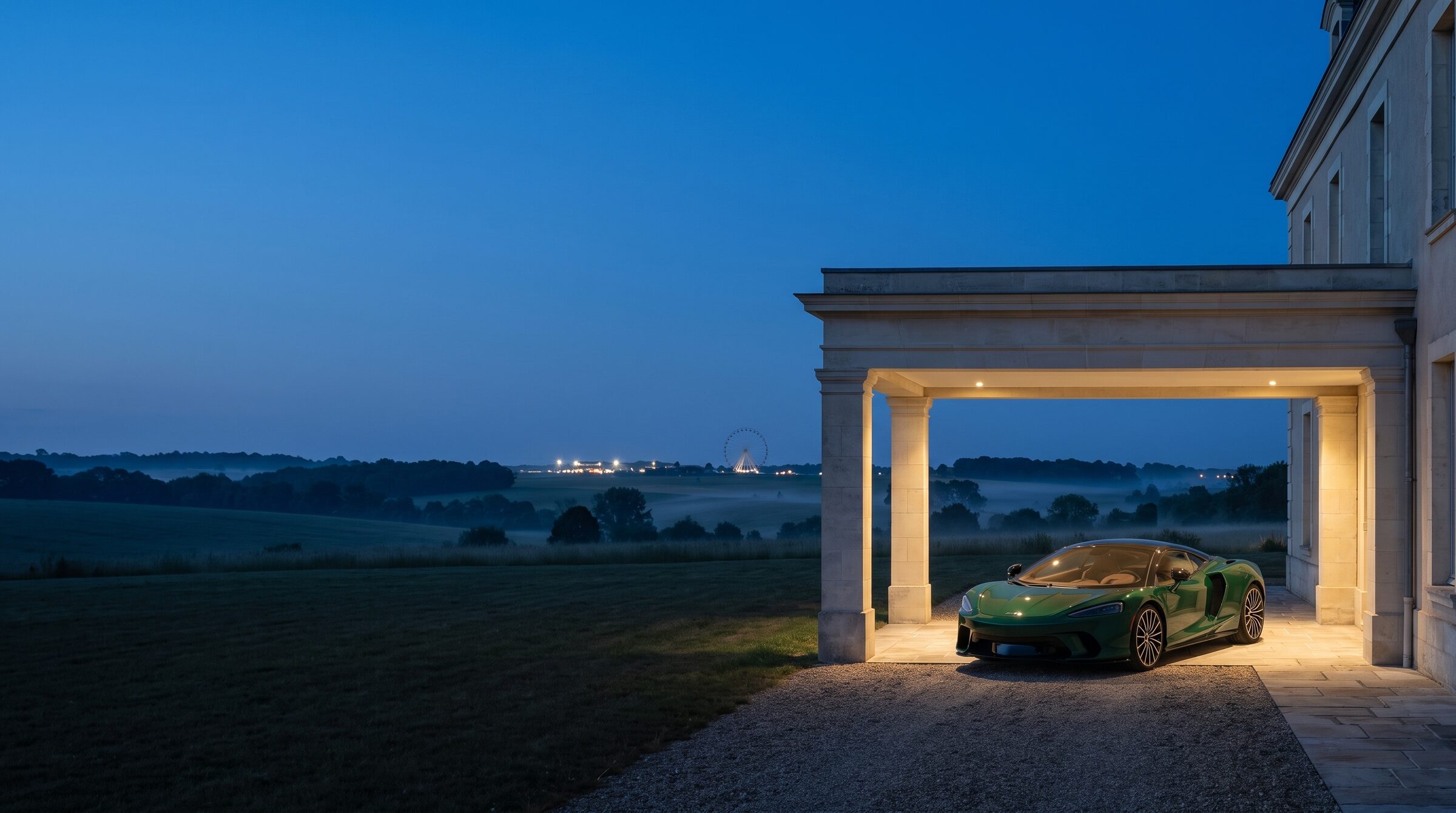 A grand tourer waiting beneath warm architectural light in the Sarthe countryside at blue hour