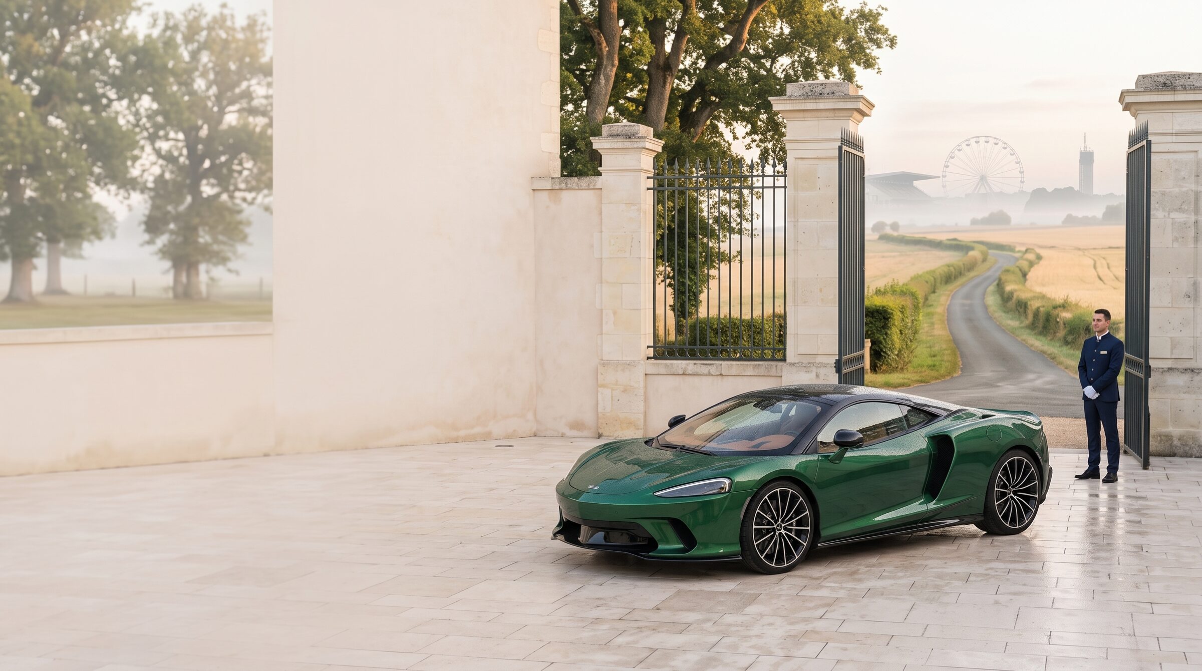 A British-racing-green grand tourer prepared outside a private estate in the Sarthe countryside