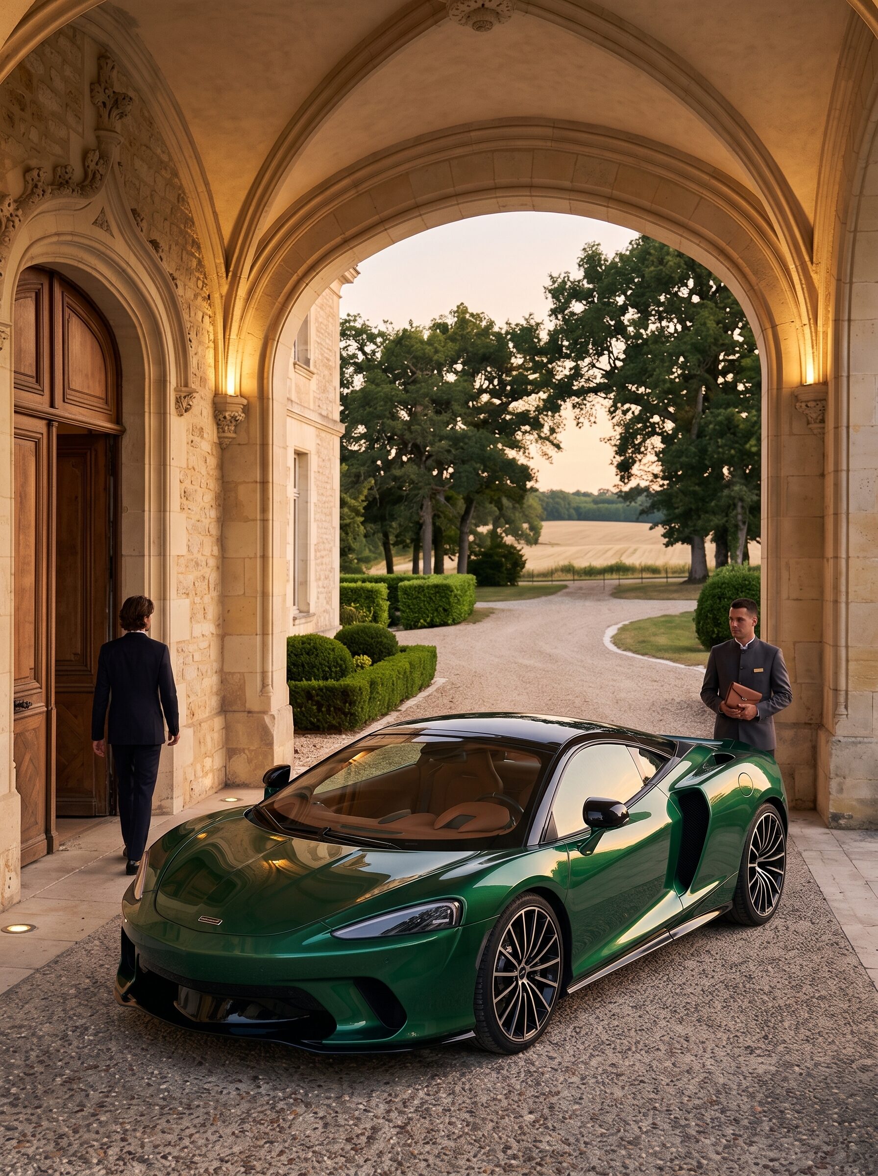 A grand tourer prepared beneath the entrance of a private estate near Le Mans