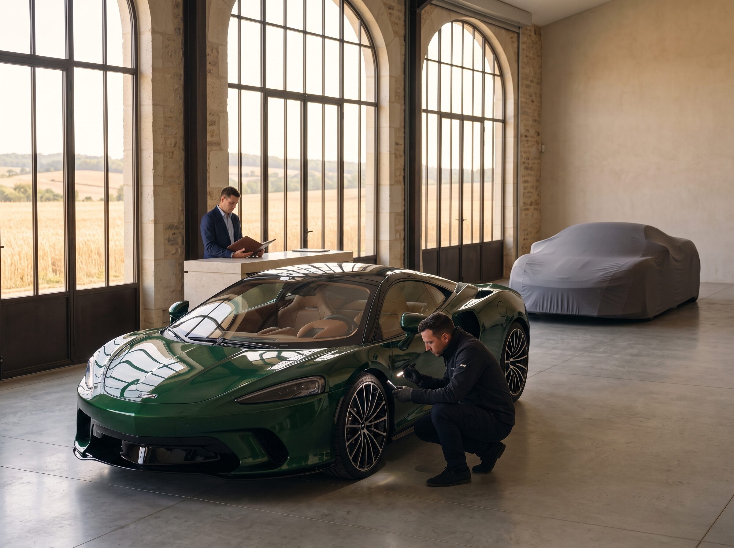 Specialists coordinating the readiness of a grand tourer inside secure holding in the Sarthe region