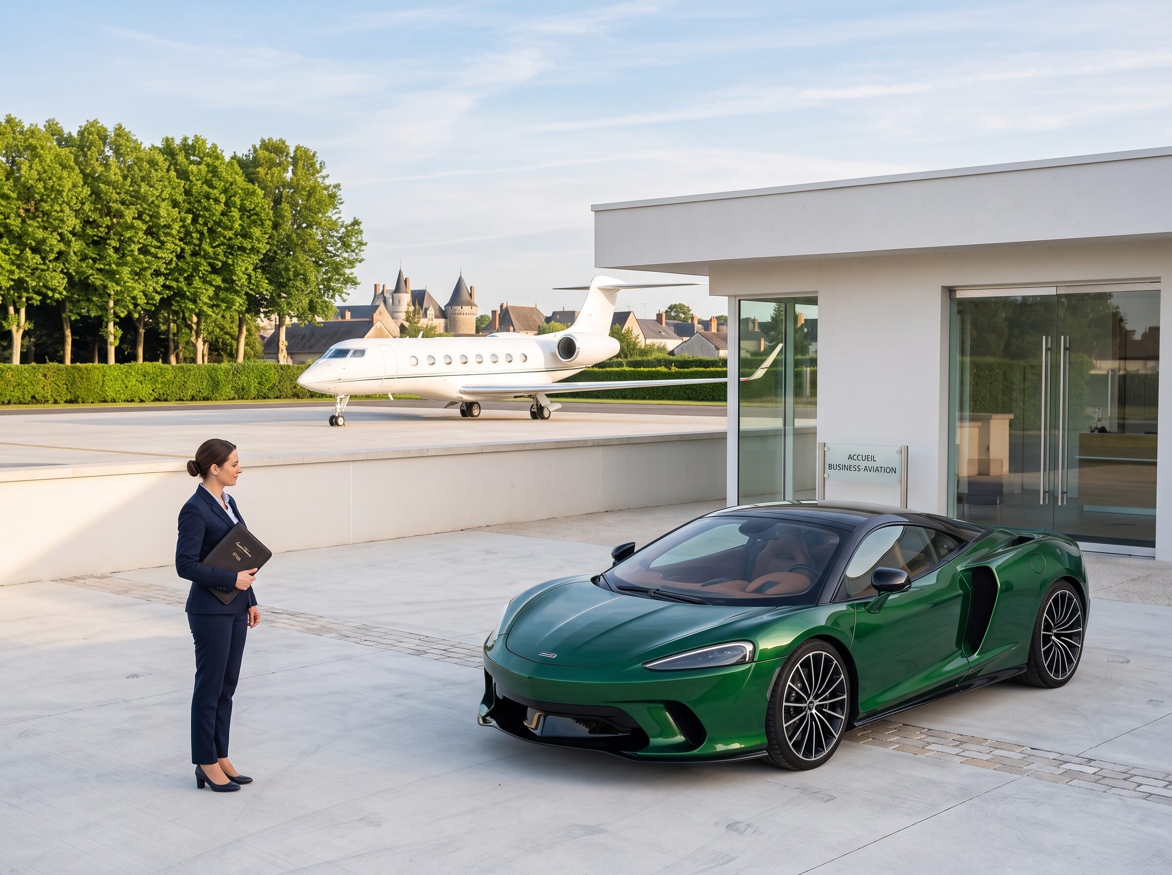 A grand tourer prepared near a private-aviation arrival facility serving western France