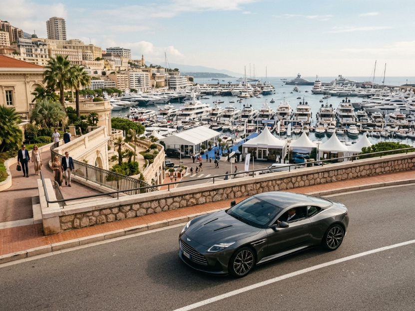 A grand tourer arriving above Port Hercule during Monaco Yacht Show week