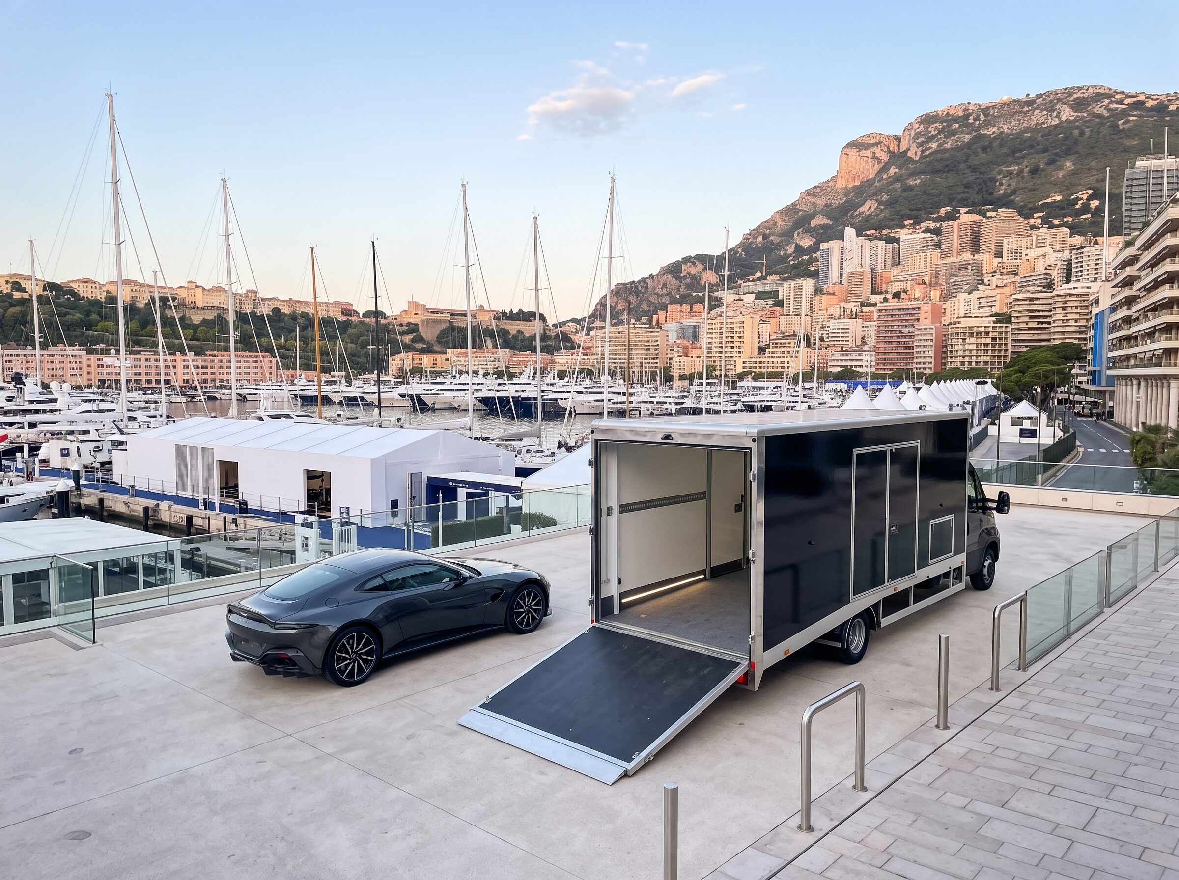 An enclosed vehicle transporter and grand tourer overlooking Port Hercule