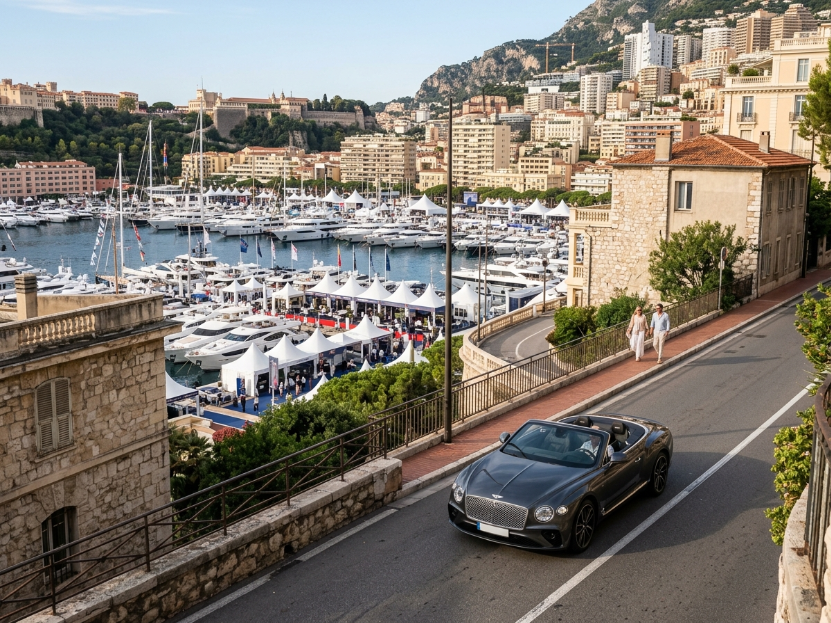 A grand tourer approaching Port Hercule during Monaco Yacht Show week