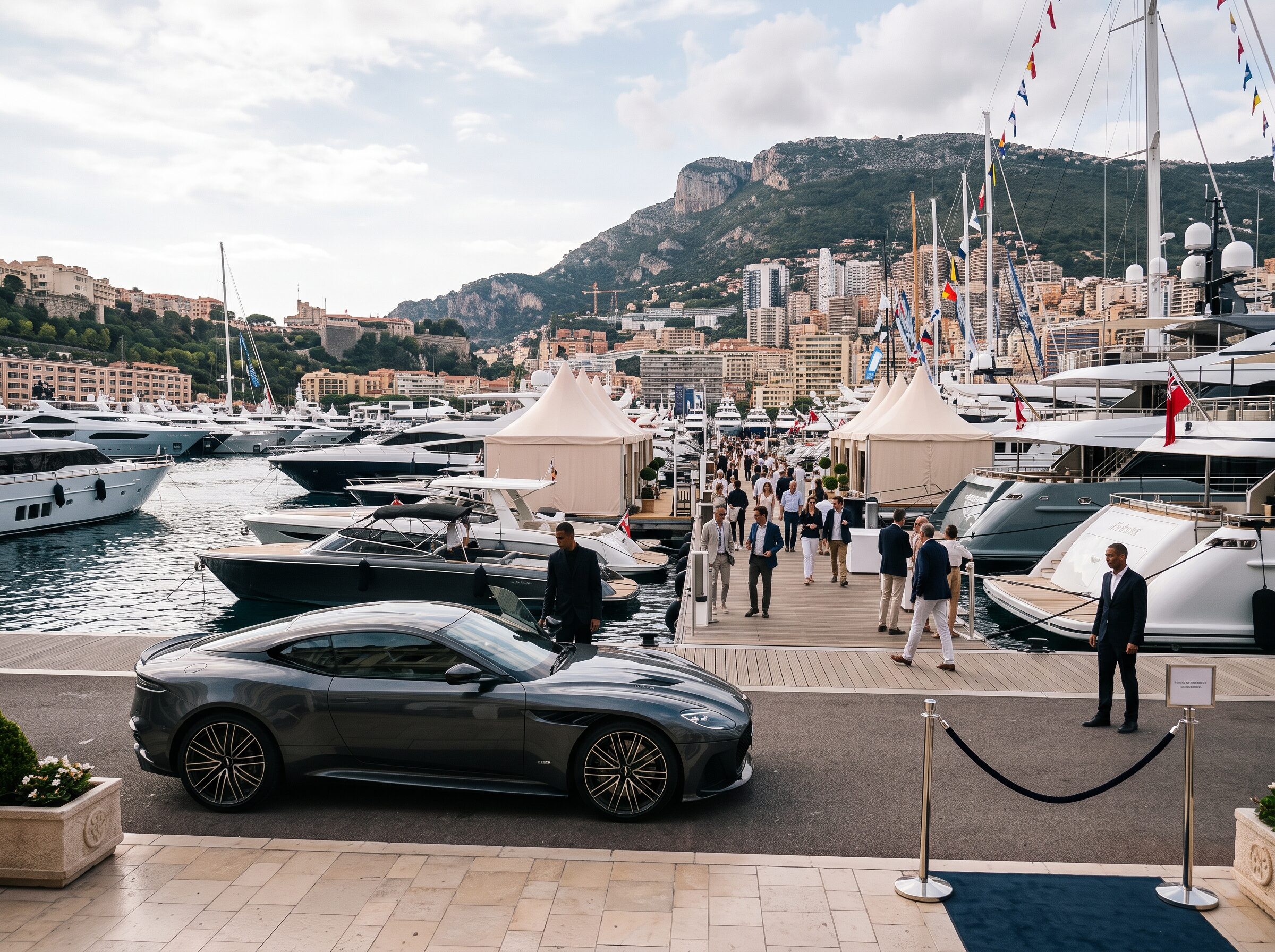 A grand tourer positioned beside the yacht exhibition at Port Hercule