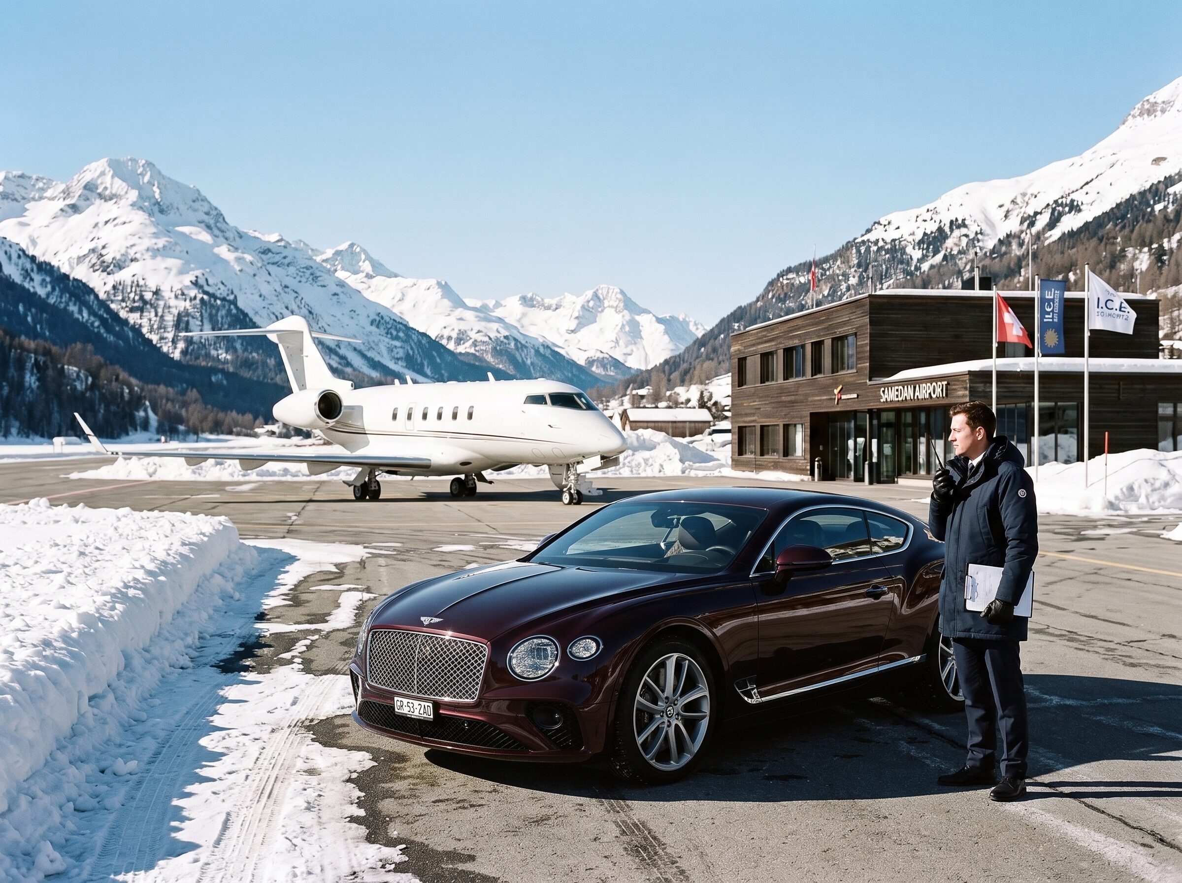 An oxblood grand tourer waiting near a private aviation arrival in the Engadin