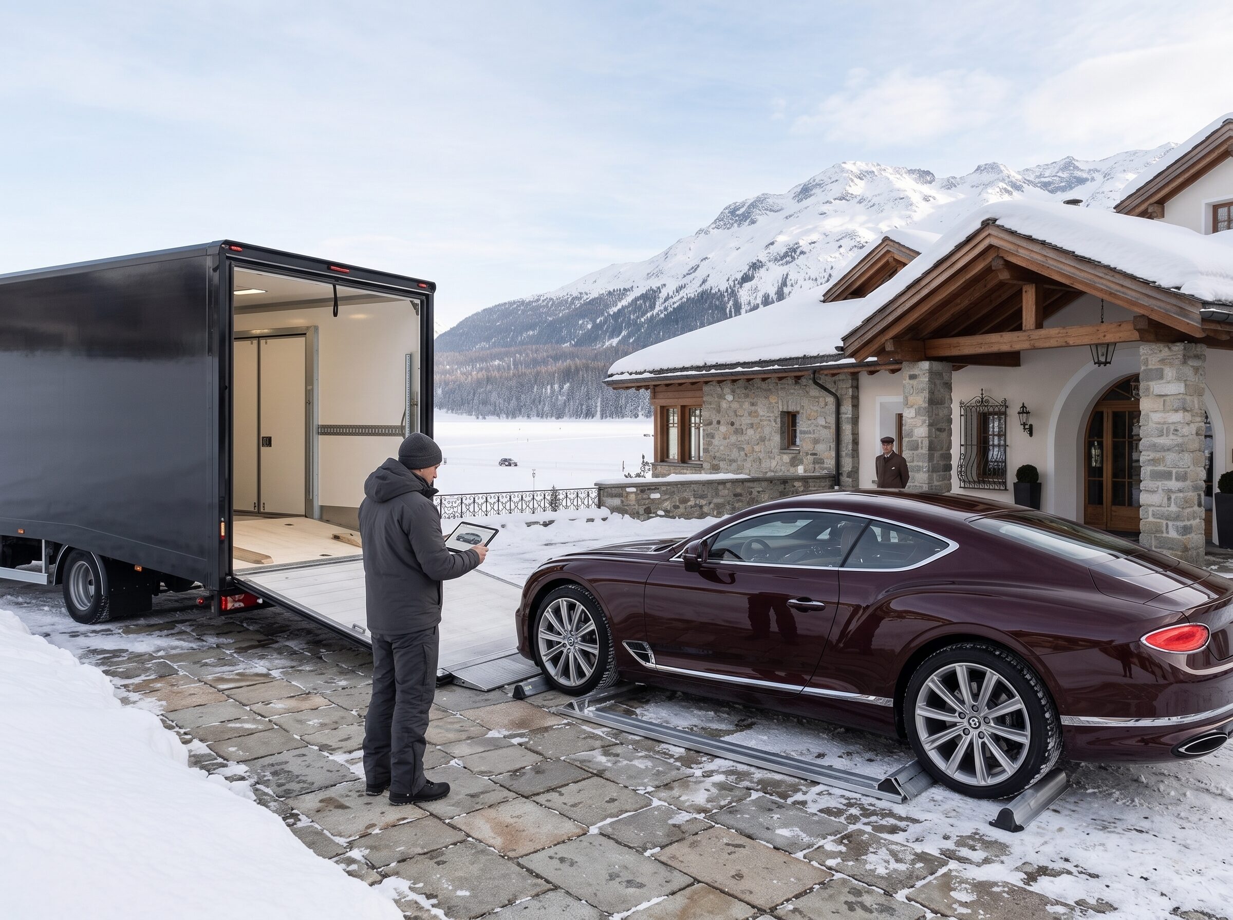 An oxblood grand tourer aligned with an enclosed transporter in the Swiss Alps