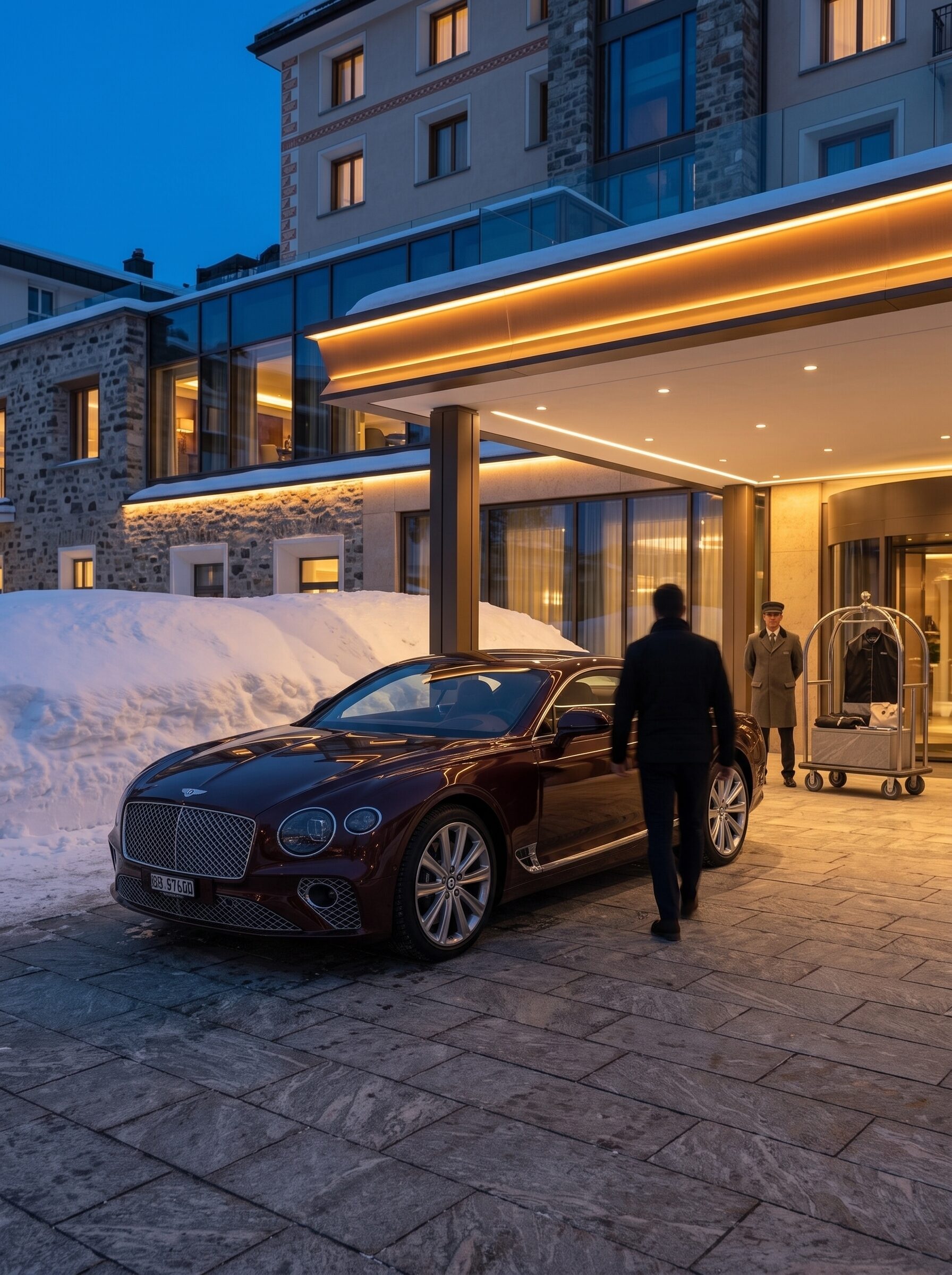An oxblood grand tourer prepared beneath a St. Moritz hotel entrance at blue hour
