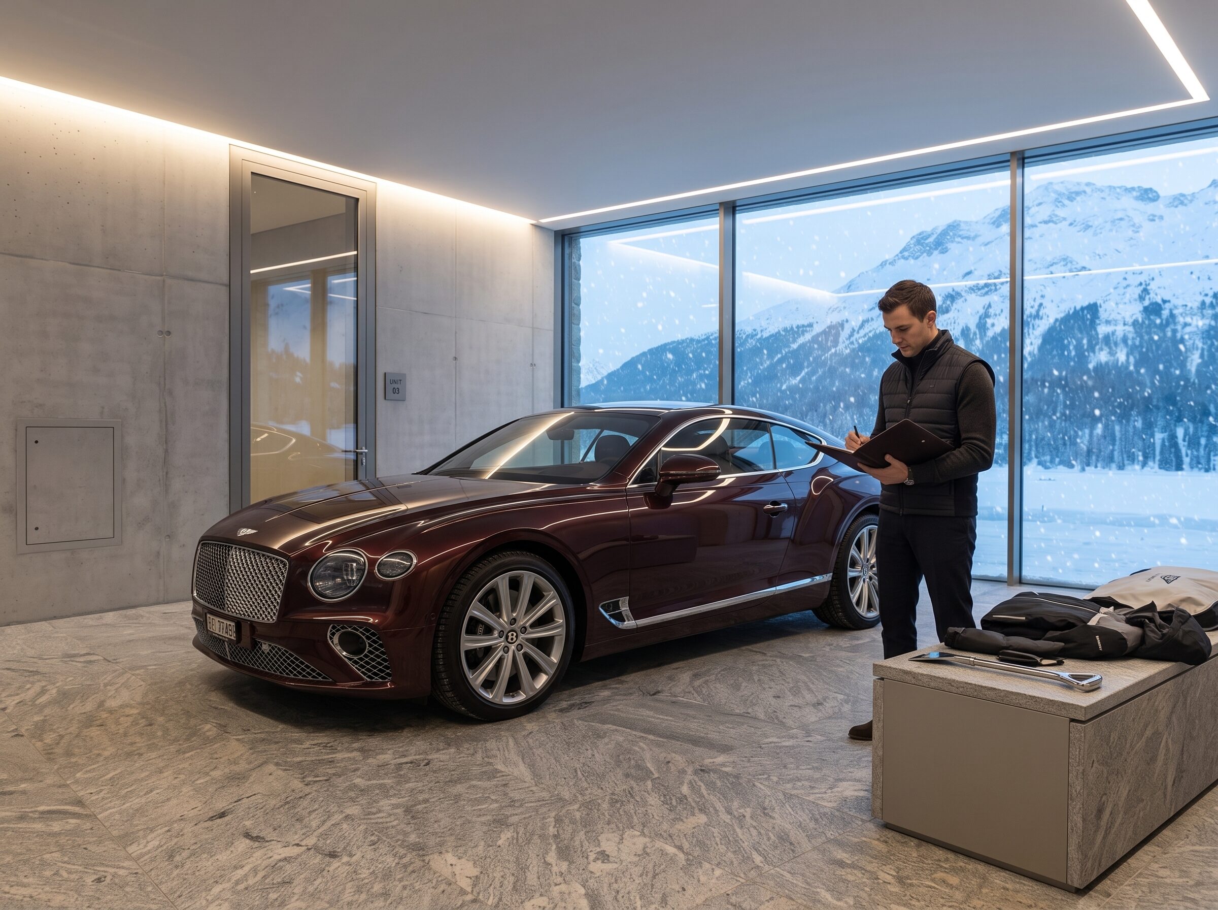 An oxblood grand tourer undergoing a readiness review inside secure Alpine holding
