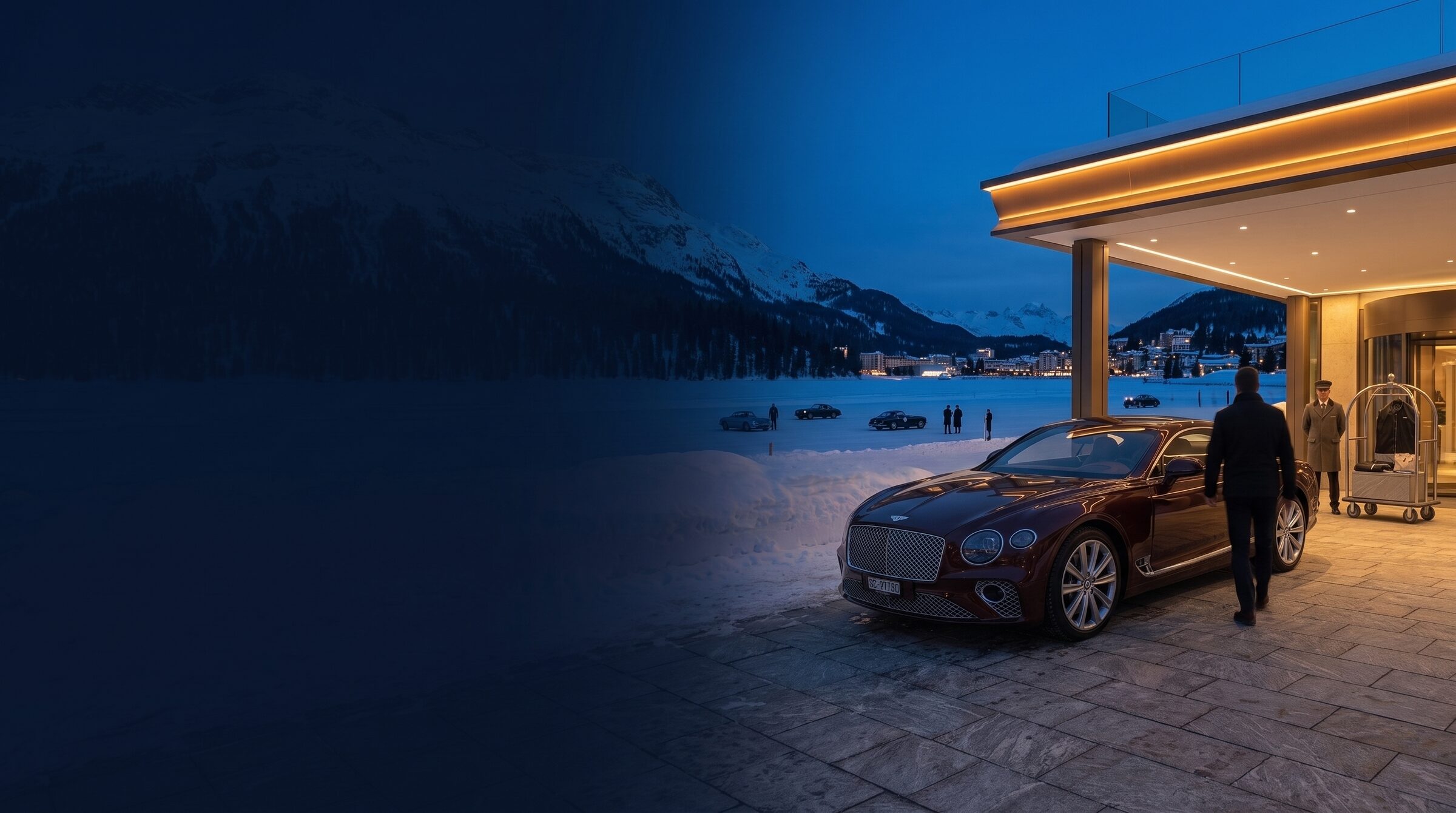 A grand tourer waiting beside the frozen lake in St. Moritz at blue hour