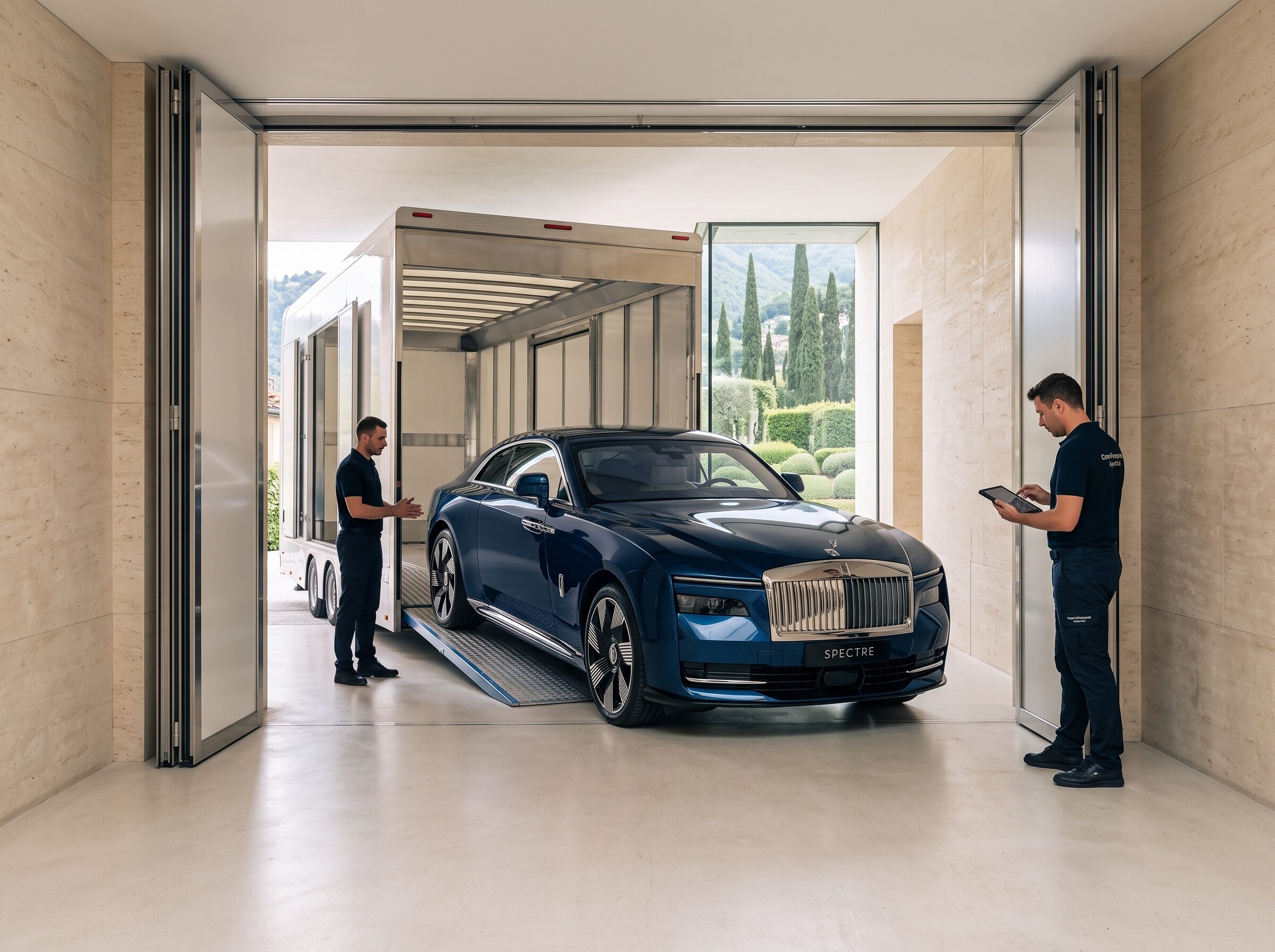 A grand tourer being unloaded from an enclosed vehicle transporter near Lake Como