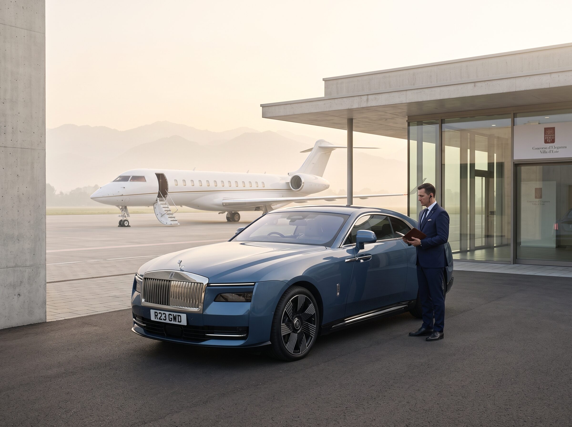 A grand tourer prepared near a private aviation arrival facility in northern Italy