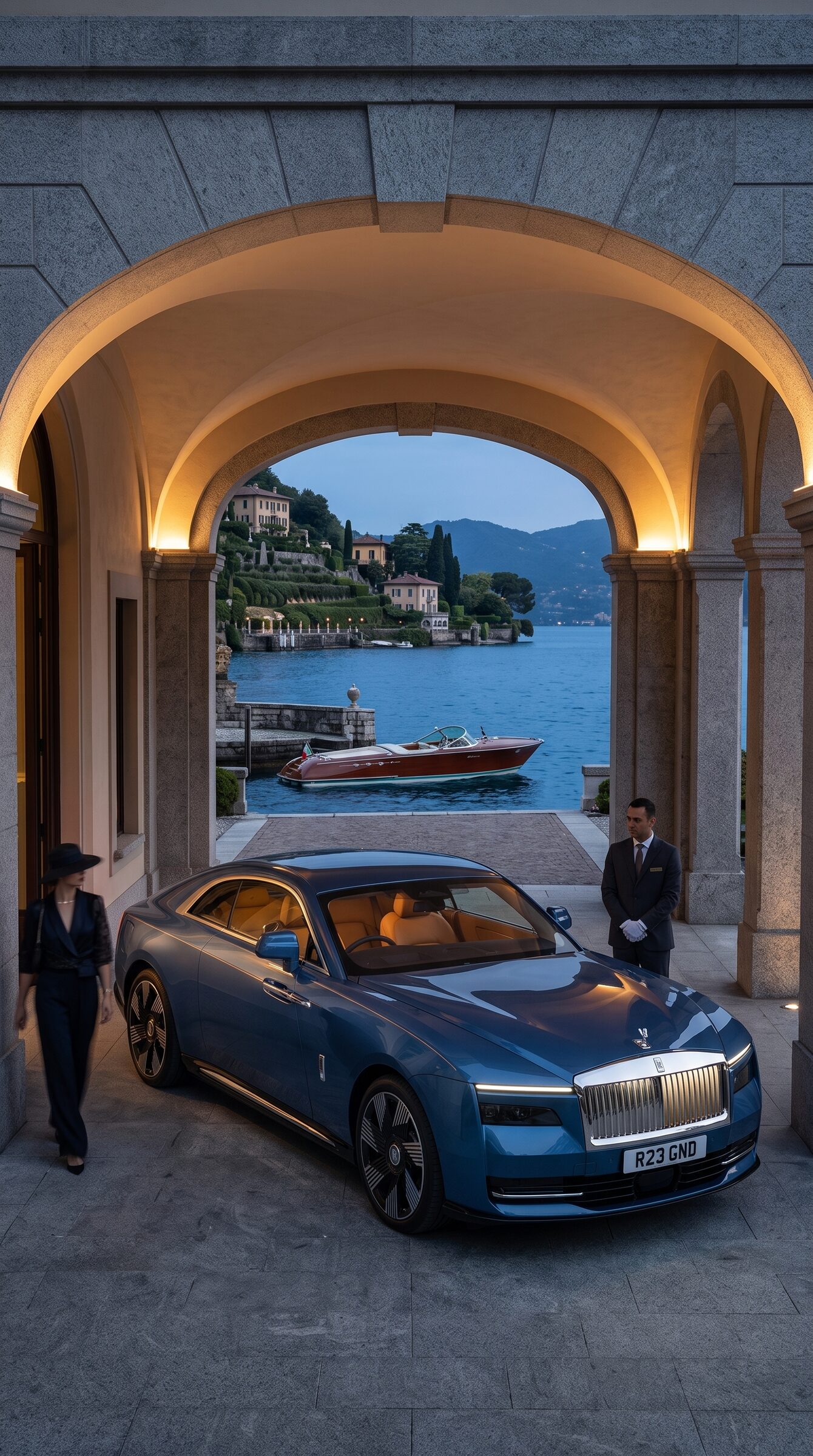 A grand tourer prepared beneath the entrance of a private Lake Como property